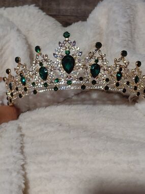 Gold Tiara with Emerald Green Crystals - Women Accessories